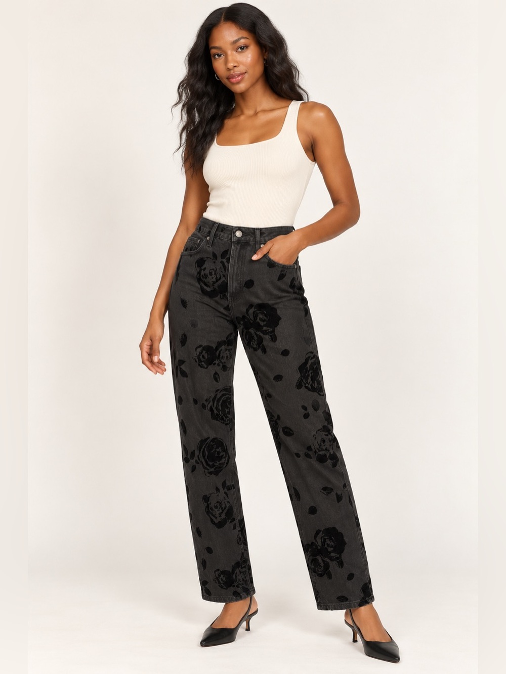 Wild Fable High-Rise Straight Jeans Black Floral Flocked